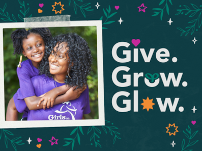 Girls on the Run participant smiles and is on the back of a smiling adult within a frame.  The words Give Grow Grow appear to their right. 